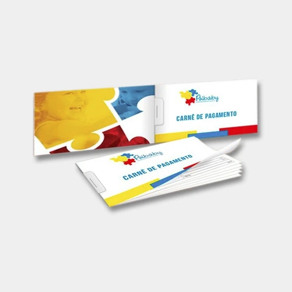 Capa de carnê personalizada para loja, com a marca e informações de contato, impressa pela Gráfica Tip em Belém.