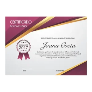Impressão de certificado personalizado em Belém, com design profissional para cursos e workshops.