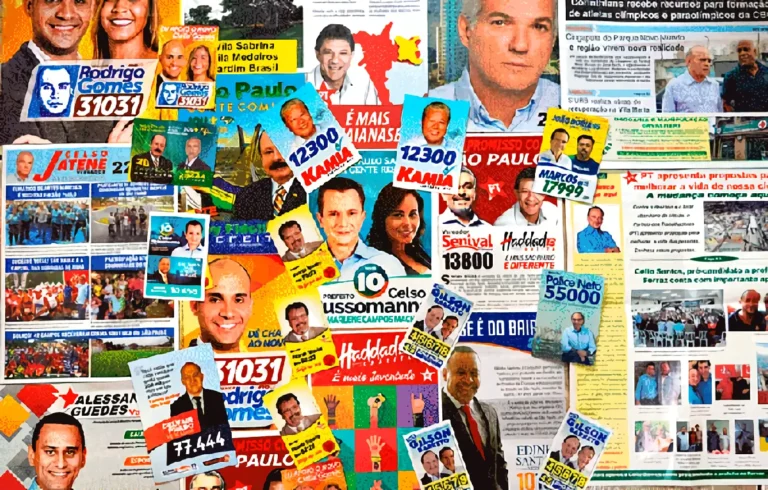 Montagem com diversos impressos para campanha eleitoral: santinhos, adesivos de carro, panfletos, bandeira, e muito mais.
